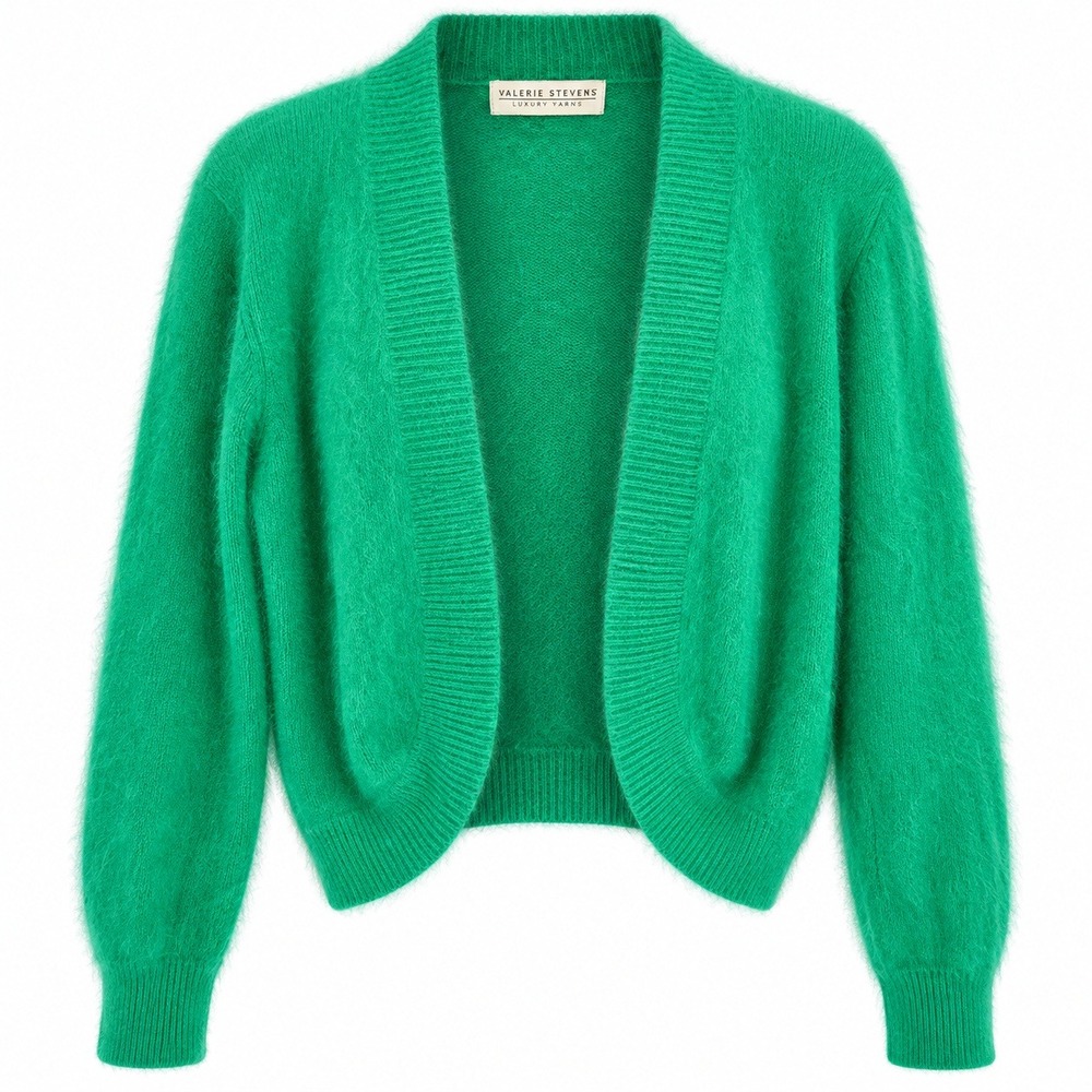 VTG 90s Valerie Stevens Emerald Green Angora Blend Open Cropped Cardigan Shrug